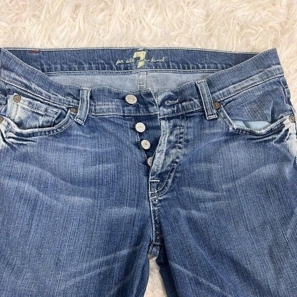 7 For All Mankind Women's Boy-Cut Button-Fly Distressed Medium Wash Denim Jeans - Picture 4 of 10